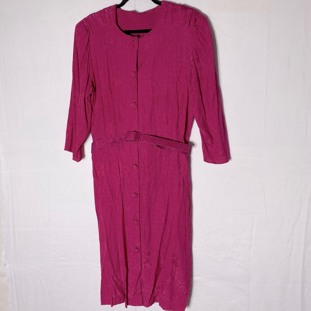 Vintage Magenta Pink Leslie Belle Button Front Belted Midi Dress XL Secretary